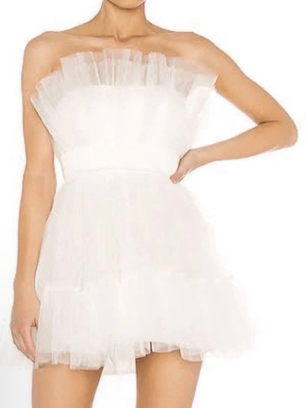 Katie May Strapless White Tulle Ruffle Mini Dress